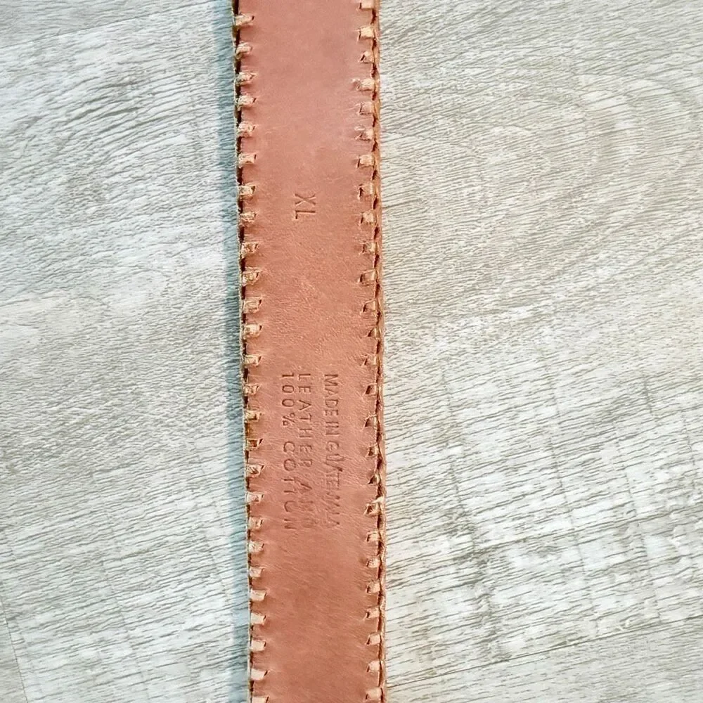 Vintage Whipstitch Brown Leather Stitched Belt Buckle Stripe Western XL